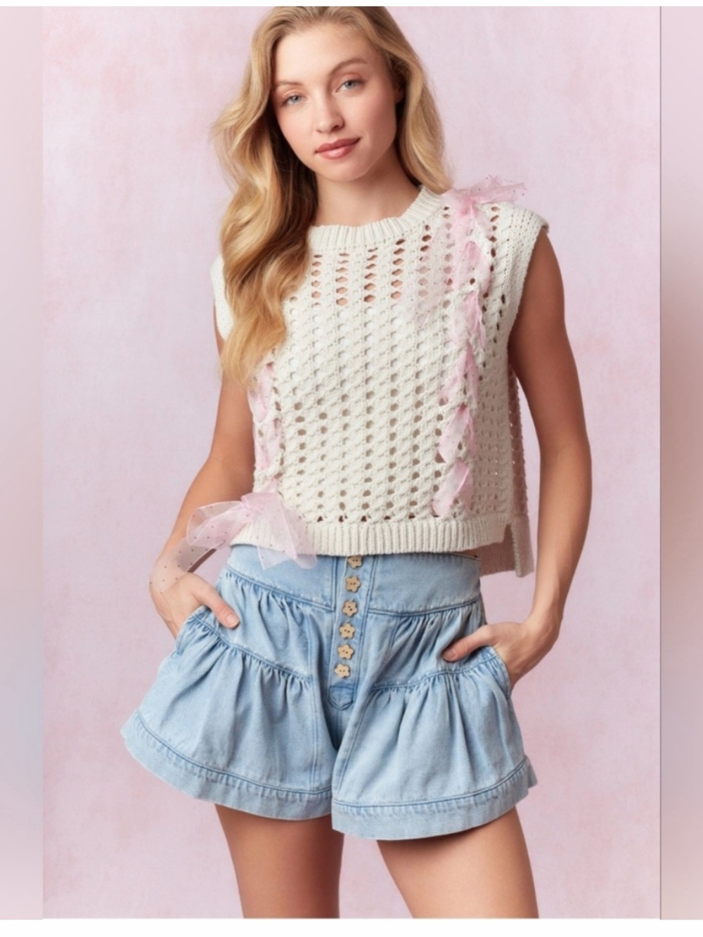 Peach Love California Light Blue Denim shorts with flower buttons